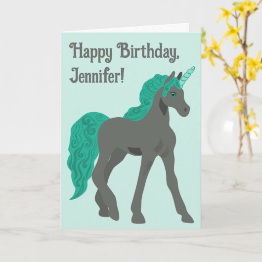 Grijze en Blauwgroen Unicorn - Aangepaste verjaard Kaart (Gele Bloem)