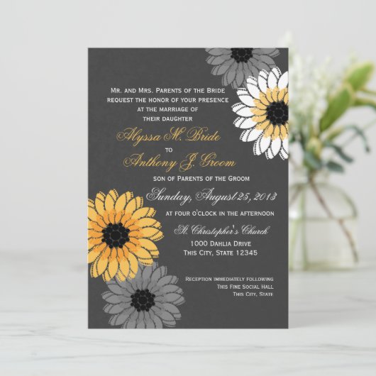 Grijze en gele leisteen en bloemen bruiloft kaart (Staand voorkant)