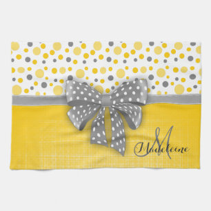 Grijze en gele pokadots, grijs gekleurd lint theedoek