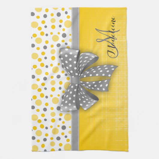 Grijze en gele pokadots, grijs gekleurd lint theedoek (Verticaal)