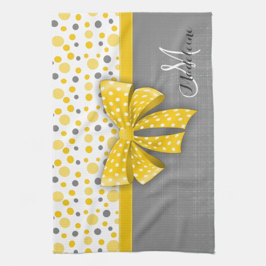 Grijze en gele pokadots, zonnige gele lint theedoek (Verticaal)