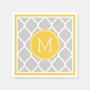 Grijze en gele quatrefoil bruiloft monogram servetten