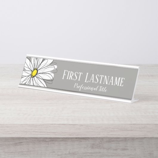Grijze en gele Whimsical Daisy Custom Text Bureau Naambordje (Voorkant)