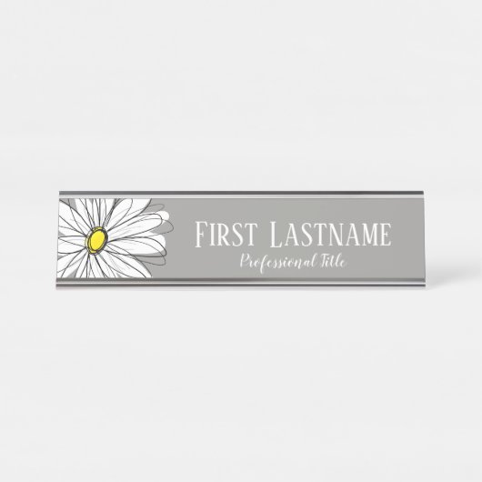 Grijze en gele Whimsical Daisy Custom Text Bureau Naambordje (Voorkant)