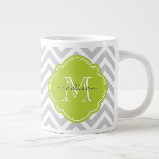 Grijze en groene Chevron Custom Monogram Extra Grote Mok (Rechts)