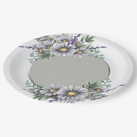 Grijze en paarse waterverf bloemen papieren bordje (Gekanteld)