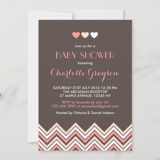 Grijze en roze chevron babyshower uitnodiging (Voorkant)