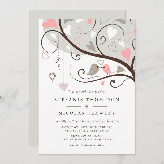 Grijze en roze grillige lovebirds bruiloft kaart (Voorkant / Achterkant)