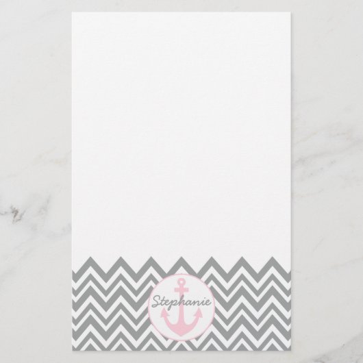 Grijze en witte Chevron met Pastel Roze Nautical Briefpapier (Voorkant)