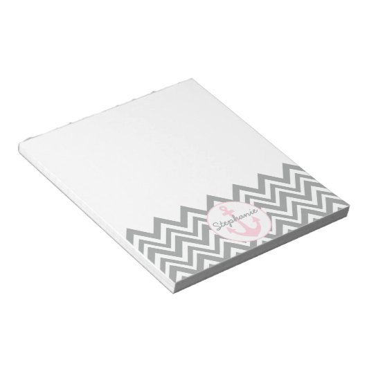 Grijze en witte Chevron met Pastel Roze Nautical Notitieblok (Schuin)