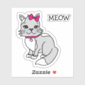 Grijze en witte gevlekte kitten met roze strik Sti Sticker (Vel)