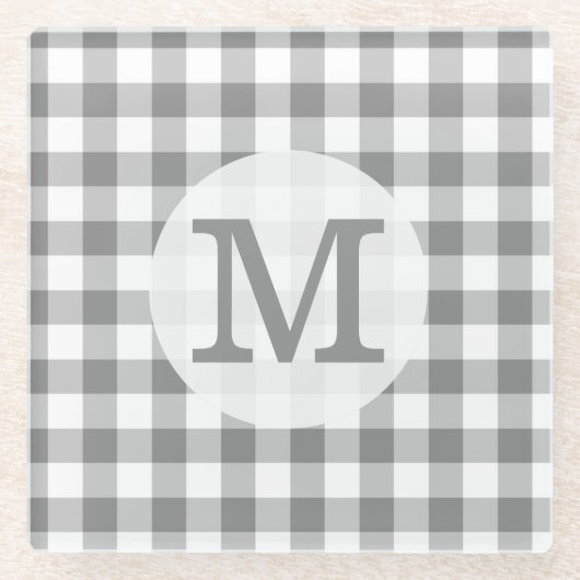 Grijze en witte gingham Check Monogrammen Glazen Onderzetter (Voorkant)