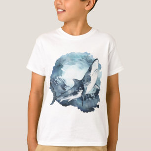 Grijze en witte haai in de Waterverf Blauwe Oceaan T-shirt