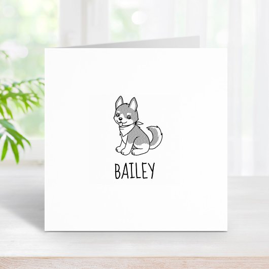 Grijze en Witte Husky Puppy Dog Custom Naam 1x1 Rubberstempel