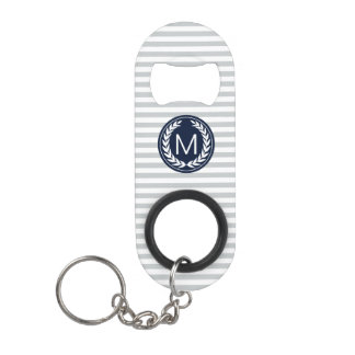 Grijze en witte strepen met Navy Monogram Sleutelhanger Flessenopener
