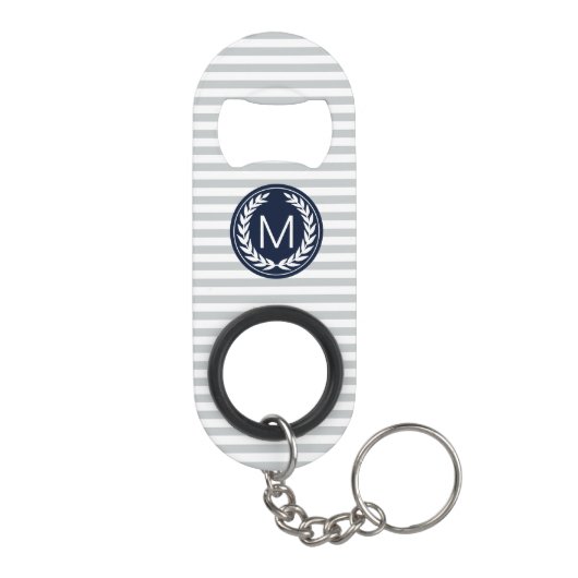 Grijze en witte strepen met Navy Monogram Sleutelhanger Flessenopener (Achterkant)
