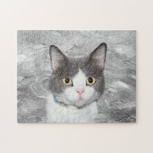 Grijze en witte tuxedo kat legpuzzel (Horizontaal)