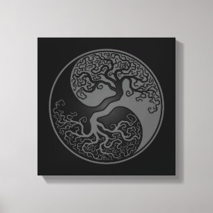 Grijze en zwarte boom van Life Yin Yang Canvas Afdruk