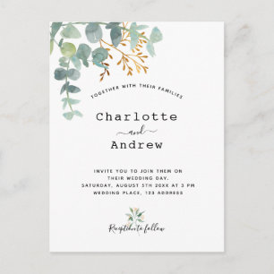 Grijze eucalyptus witte goudbruine bruiloft briefkaart