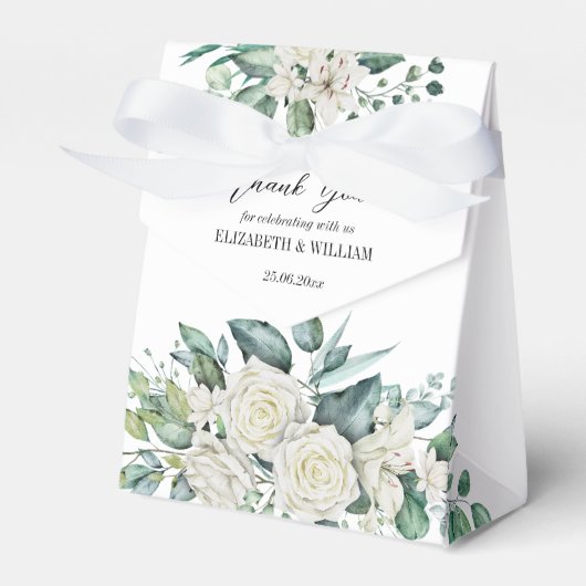 Grijze eucalyptuswitte rozen gepersonaliseerd bedankdoosjes (Voorkant Zijde)