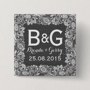 Grijze faux Linen White Floral Lijst Vierkante Button 5,1 Cm