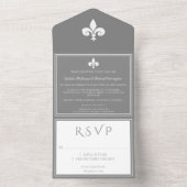 Grijze Fleur de Lis All-in-One Trouwkaart All In One Uitnodiging (Binnen)