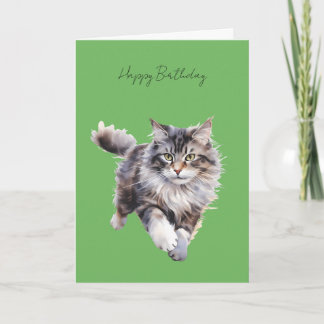 Grijze Fluffy Kat Rennende Verjaardagskaart #1 Kaart