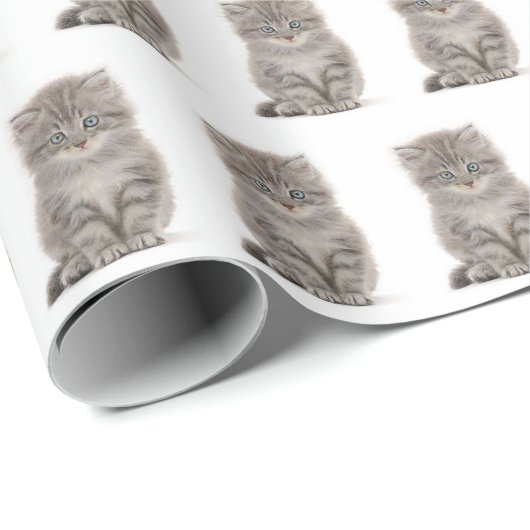 Grijze fluffy Kitten op wit Cadeaupapier (Rol Hoek)