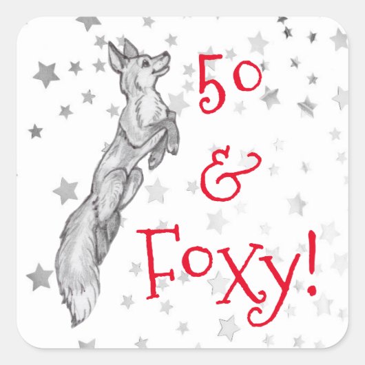 Grijze Fox Zilveren Ster 50e Foxy Fabulous Verjaar Vierkante Sticker (Voorkant)