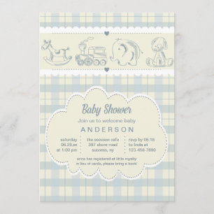 Grijze geruite babyshower uitnodiging