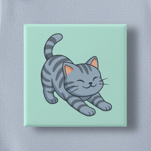 Grijze gestreepte kat groen uitrekkend vierkante button 5,1 cm