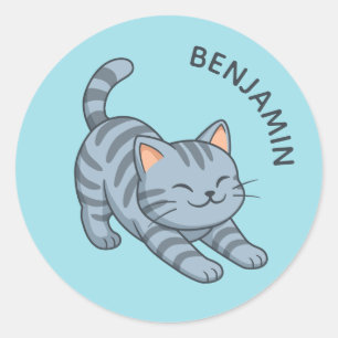 Grijze gestreepte kat met blauwe naam op maat ronde sticker