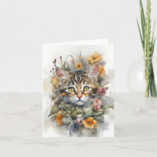 Grijze gestreepte kat met bloemen lege kaart