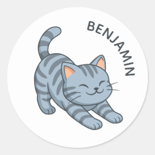 Grijze gestreepte kat met eigen naam ronde sticker
