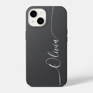 Grijze Glans Elegante Calligrafie Script Naam iPhone 14 Hoesje