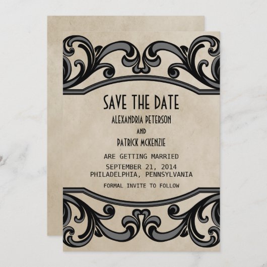 Grijze gotische krullen Save the Date uitnodiging (Voorkant / Achterkant)
