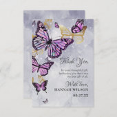 Grijze Goud Paarse Vlinder Elegante Bruidsdouche Bedankkaart (Voorkant / Achterkant)