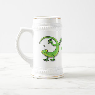 Grijze groene gekko-groeten met bug-cartoon bierpul