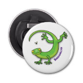 Grijze groene gekko-groeten met bug-cartoon button flesopener (Voorkant)