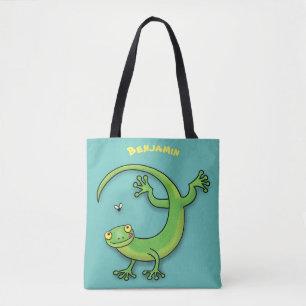 Grijze groene gekko-groeten met bug-cartoon draagtas
