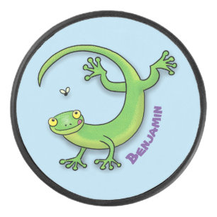 Grijze groene gekko-groeten met bug-cartoon hockey puck