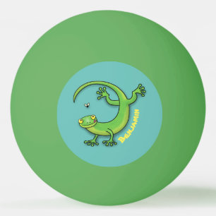 Grijze groene gekko-groeten met bug-cartoon pingpongballen