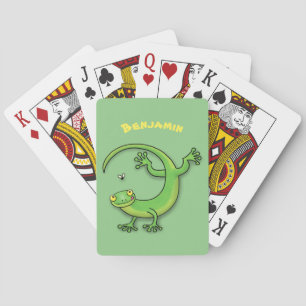Grijze groene gekko-groeten met bug-cartoon pokerkaarten