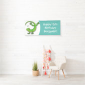 Grijze groene gekko-groeten met bug-cartoon spandoek (Insitu)