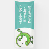 Grijze groene gekko-groeten met bug-cartoon spandoek (Verticaal)