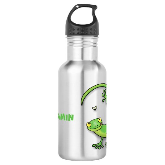 Grijze groene gekko-groeten met bug-cartoon waterfles (Voorkant)