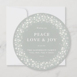 Grijze groene ronde mousserende lampjes Vredeslief Feestdagenkaart