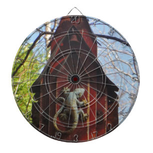 grijze hagedis op versleten hout dartbord