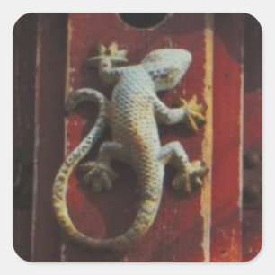 grijze hagedis op versleten hout vierkante sticker