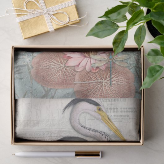 Grijze Heron Water Lily Pond  Decoupage Art Tissuepapier (Geschenk)